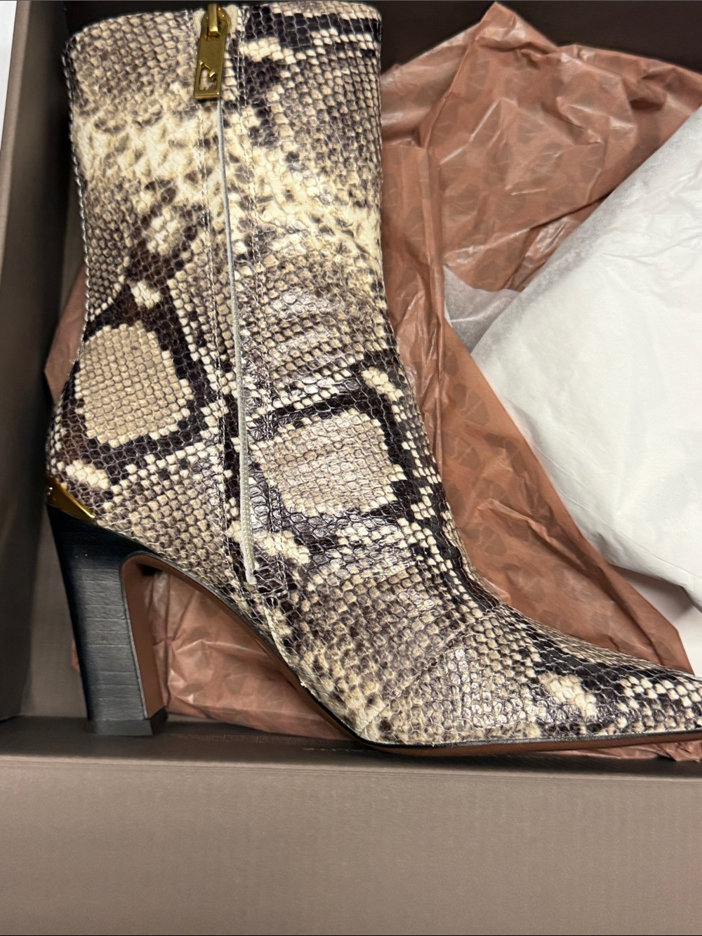 Franco Sarto Beige and Brown Snake-Print Pointed Toe Ankle Boots